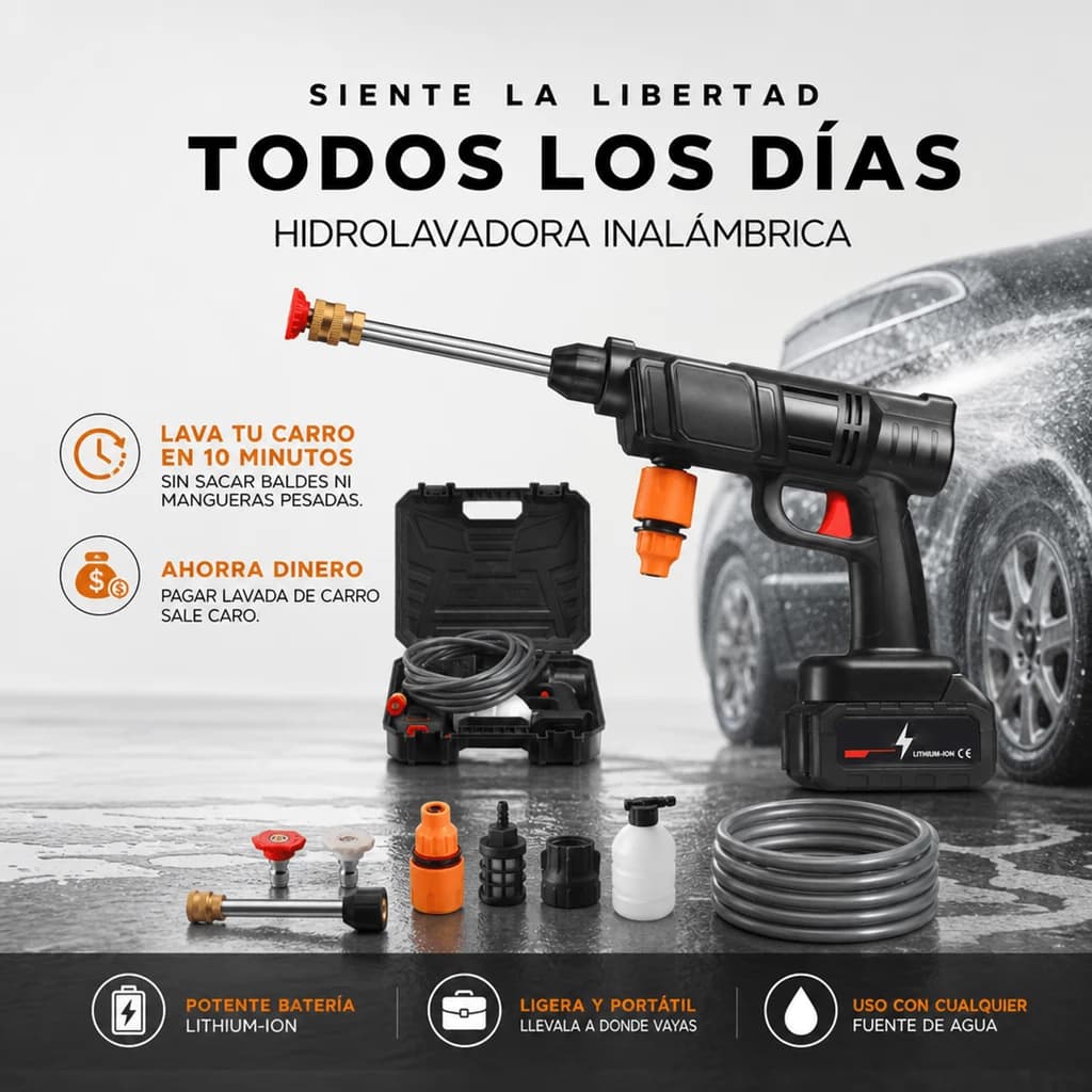 Anuncio de una hidrolavadora inalámbrica hecho con la ficha Producto en uso con beneficios