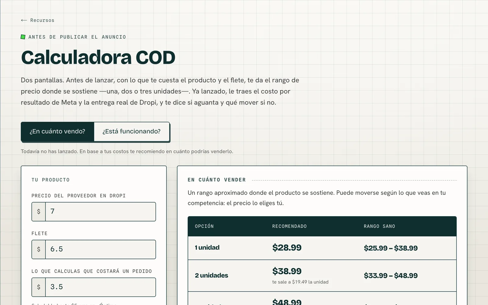 La calculadora COD con un producto dentro